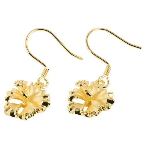 Sterling Silver Yellow Gold Plated 12mm Hibiscus Hook Earrings