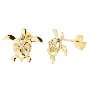 Sterling Silver Yellow Gold Plated 8mm Plumeria with CZ in Honu (Hawaiian Turtle) Post Earrings