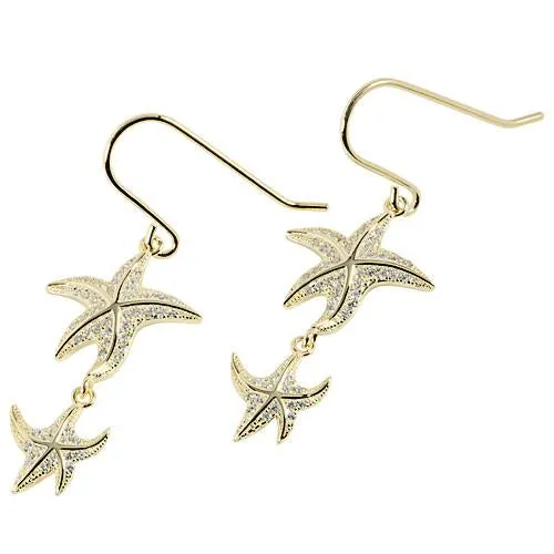 Sterling Silver Yellow Gold Plated Double Starfish Pave CZ Hook Earrings