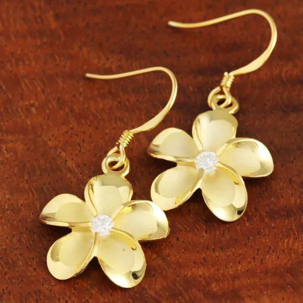 Sterling Silver Yellow Gold Plated Plumeria with CZ Hook Earrings (10mm/15mm)