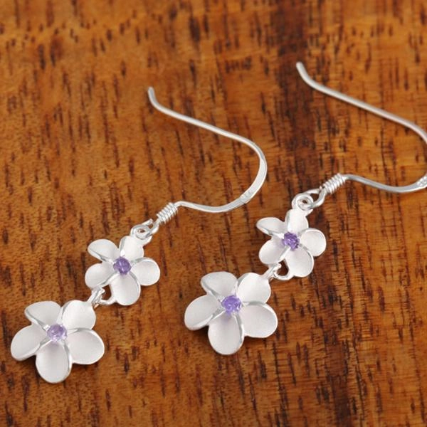 Sterling Silver 6-8mm Plumeria with Purple CZ Hook Earrings