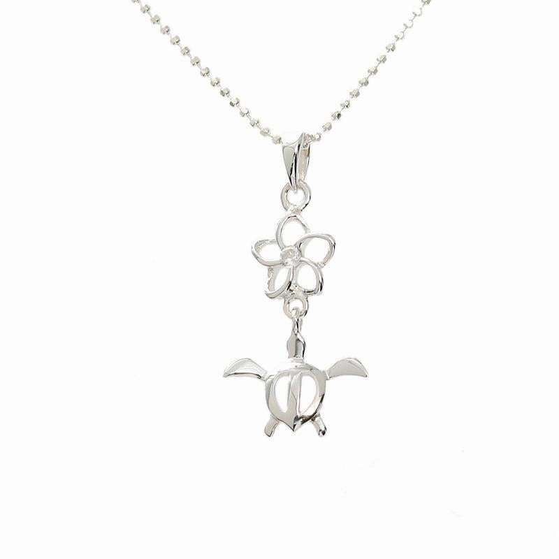 Sterling Silver 8mm Plumeria Outline with CZ and Honu (Hawaiian Turtle) Pendant (Chain Sold Separately)