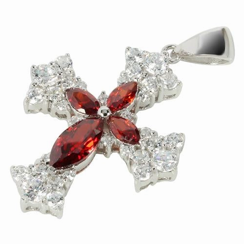 Sterling Silver Dark Red and Clear CZ Cross Pendant (Chain Sold Separately)