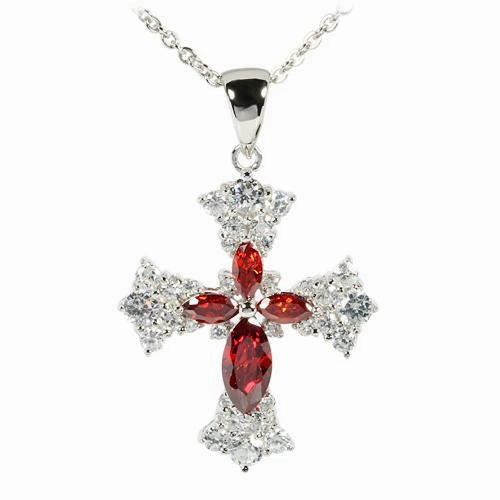 Sterling Silver Dark Red and Clear CZ Cross Pendant (Chain Sold Separately)
