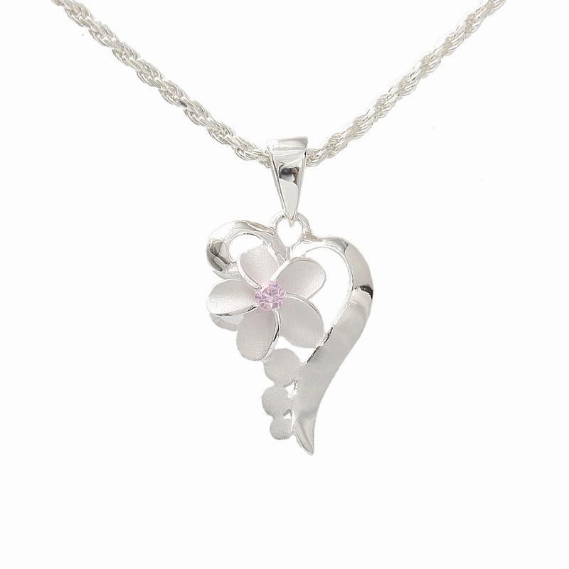 Sterling Silver Half Heart Plumeria with Pink CZ Pendant (Chain Sold Separately)