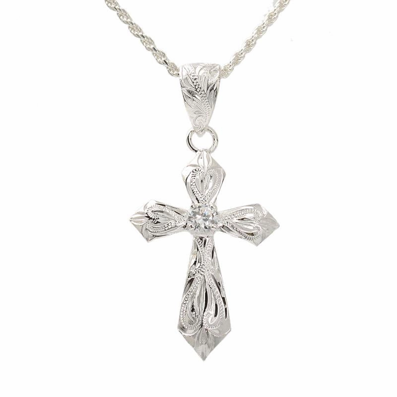 Sterling Silver Hawaiian Scroll with CZ Cross Pendant (Chain Sold Separately)