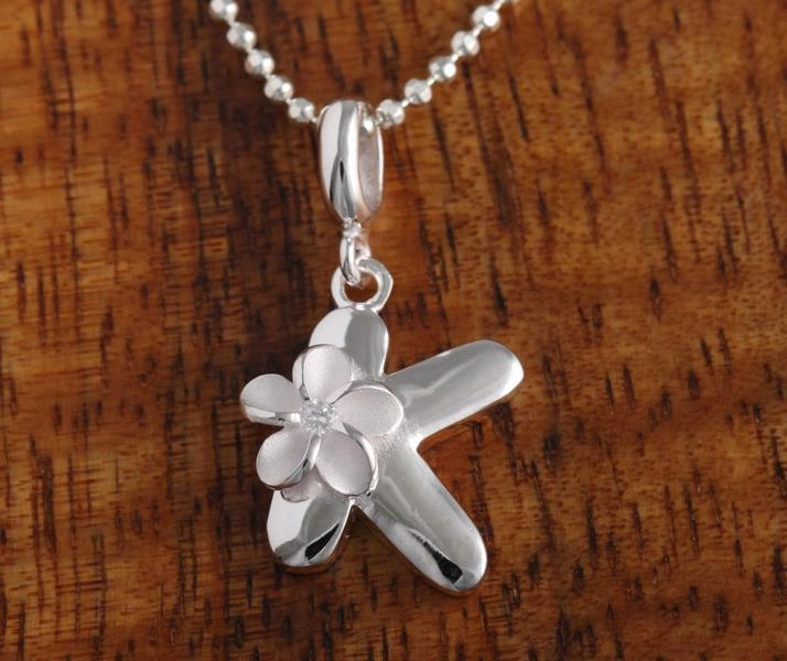 Sterling Silver Initial with Plumeria Pendant (Chain Sold Separately)