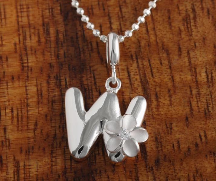 Sterling Silver Initial with Plumeria Pendant (Chain Sold Separately)