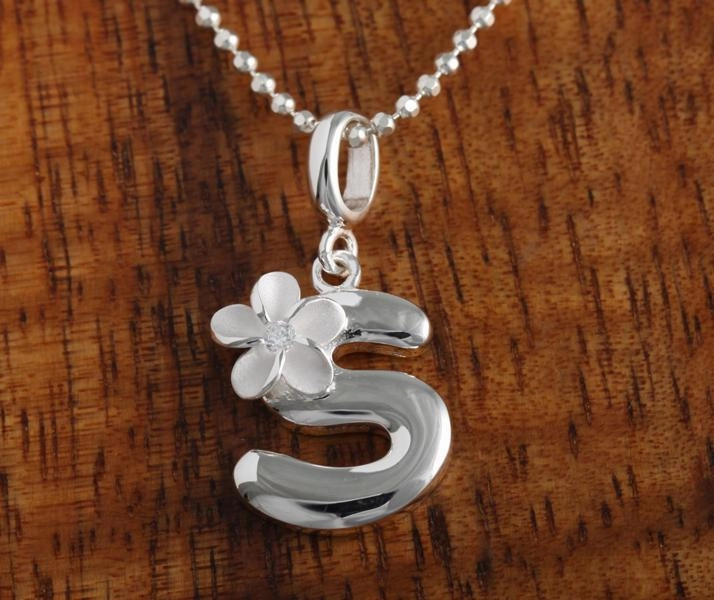 Sterling Silver Initial with Plumeria Pendant (Chain Sold Separately)