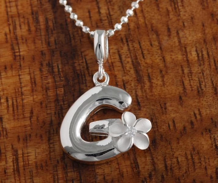 Sterling Silver Initial with Plumeria Pendant (Chain Sold Separately)
