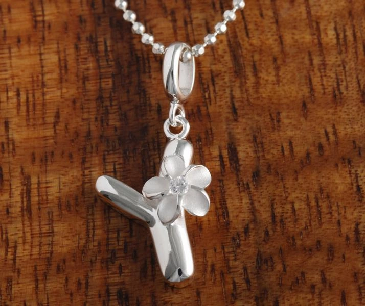 Sterling Silver Initial with Plumeria Pendant (Chain Sold Separately)