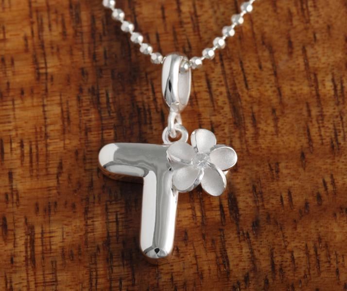 Sterling Silver Initial with Plumeria Pendant (Chain Sold Separately)