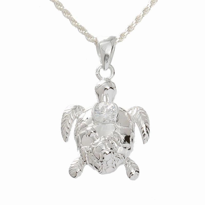 Sterling Silver Mom and Baby Honu (Hawaiian Turtle) with CZ Pendant (Chain Sold Separately)