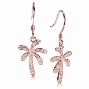 Sterling Silver Pink Gold Plated Palm Tree Pave CZ Hook Earrings