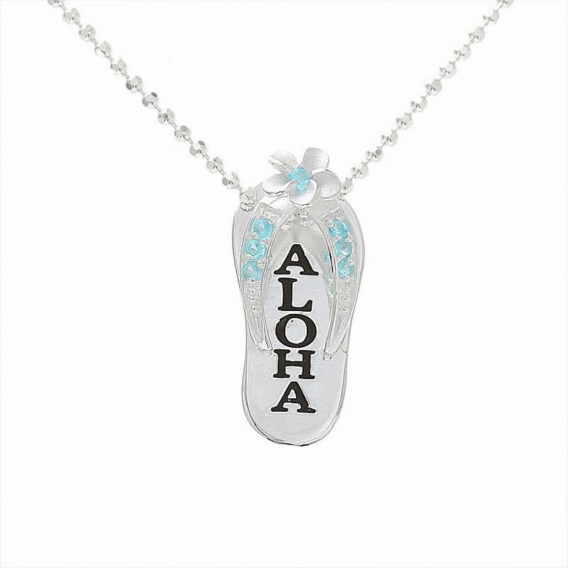 Sterling Silver Plumeria with Blue CZ Black Enamel ALOHA Slipper Pendant (Chain Sold Separately)