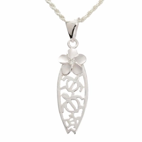 Sterling Silver Plumeria with CZ and 3 Honu (Hawaiian Turtle) Surfboard Pendant (Chain Sold Separately)