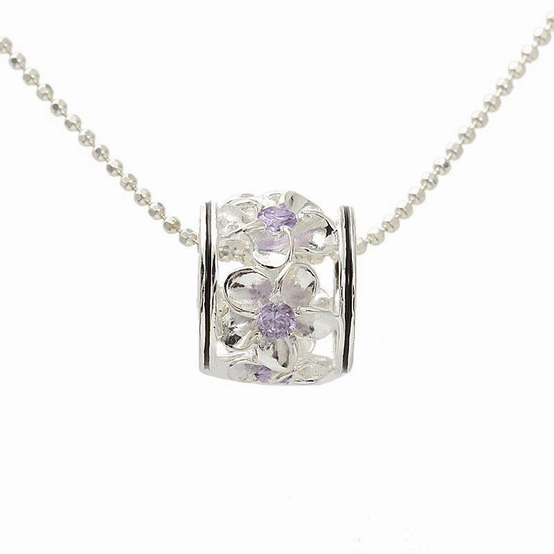 Sterling Silver Plumeria with Purple CZ Black Border Barrel Pendant (Chain Sold Separately)