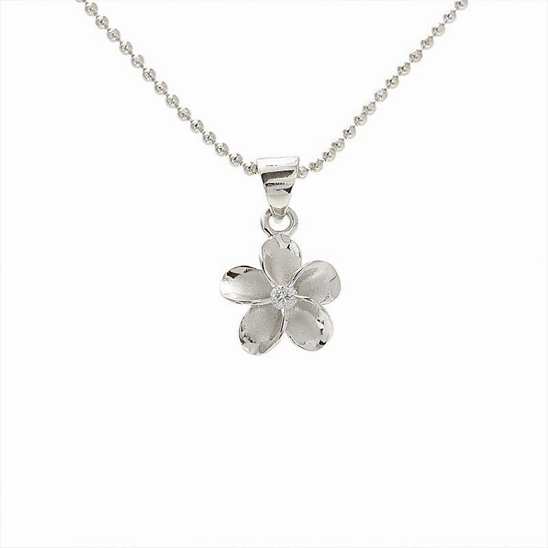 Sterling Silver Rhodium Plated Plumeria with CZ Pendant (8-45mm) (Chain Sold Separately)