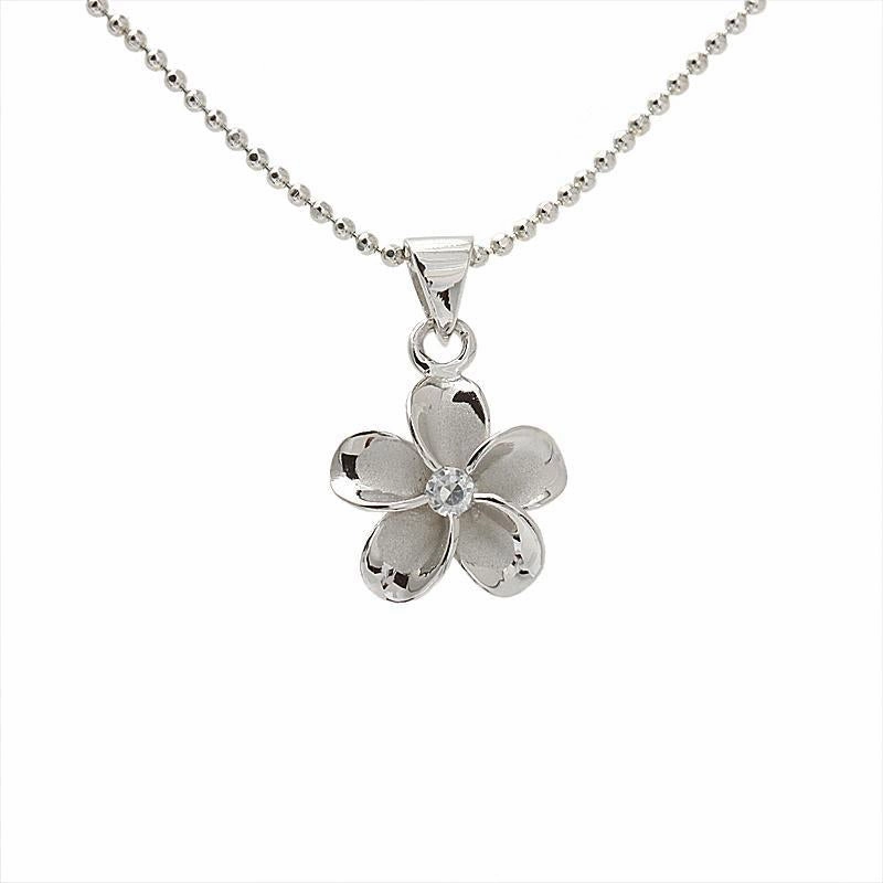Sterling Silver Rhodium Plated Plumeria with CZ Pendant (8-45mm) (Chain Sold Separately)