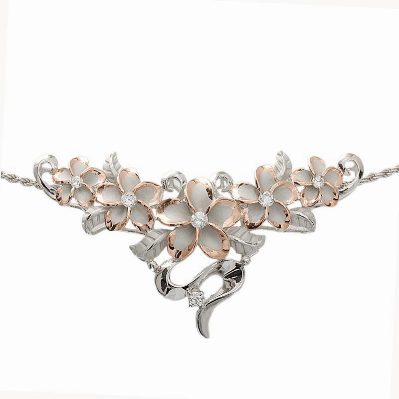 Sterling Silver Rhodium Two-Tone Pink Gold Plated 5 Plumeria with CZ Slider Pendant (Chain Sold Separately)
