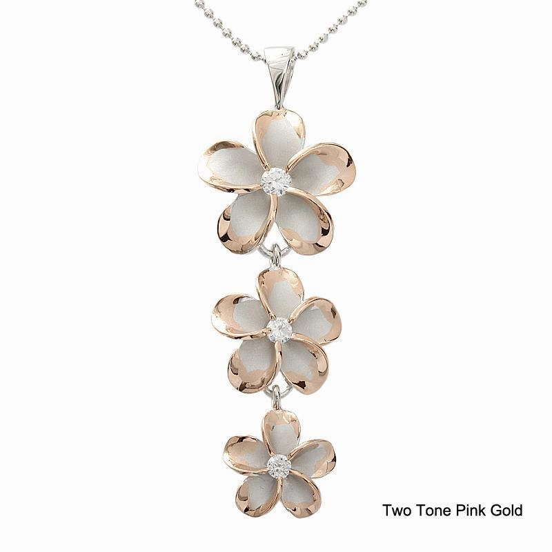 Sterling Silver Rhodium Two Tone Pink Gold Plated Plumeria with CZ Pendant (M/L) (Chain Sold Separately)