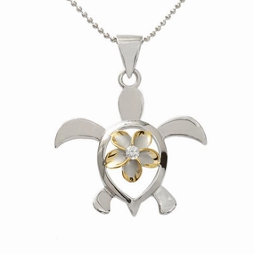 Sterling Silver Rhodium Two Tone Yellow Gold Plated 10mm Plumeria with CZ in Honu (Turtle) Pendant (Chain Sold Separately)