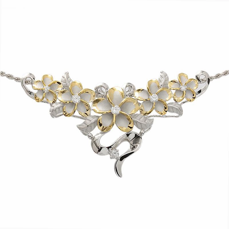 Sterling Silver Rhodium Two-Tone Yellow Gold Plated 5 Plumeria with CZ Slider Pendant (Chain Sold Separately)