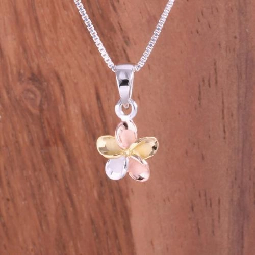 Sterling Silver Tri-Color Plated Plumeria Pendant (8-30mm) (Chain Sold Separately)
