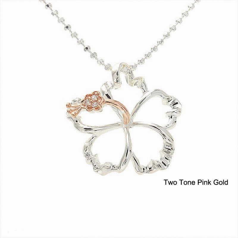 Sterling Silver Two Tone Pink Gold Plated Hibiscus with CZ Pendant (XS/S/L/XL) (Chain Sold Separately)