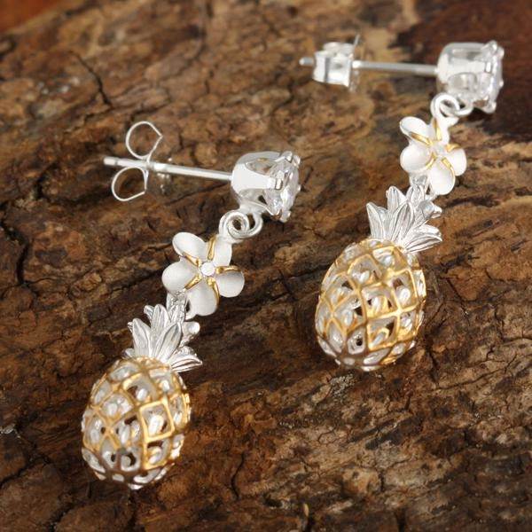 Sterling Silver Two Tone Yellow Gold Plated CZ, 6mm Plumeria and Pineapple Post Earrings