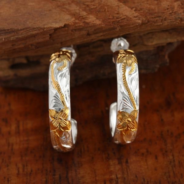 Sterling Silver Two Tone Yellow Gold Plated Hawaiian Scroll Half Moon Earrings