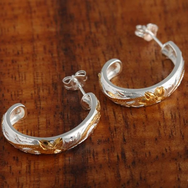 Sterling Silver Two Tone Yellow Gold Plated Hawaiian Scroll Half Moon Earrings