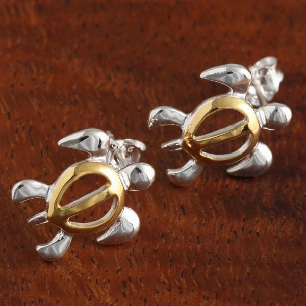 Sterling Silver Two Tone Yellow Gold Plated Honu (Hawaiian Turtle) Post Earrings (S/M)