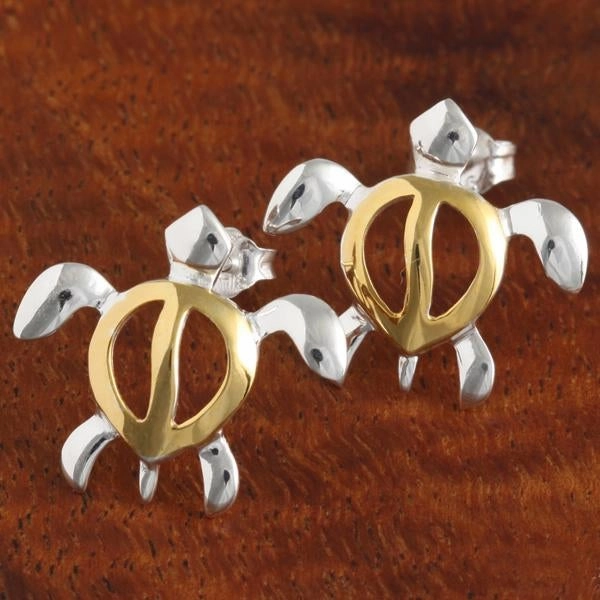 Sterling Silver Two Tone Yellow Gold Plated Honu (Hawaiian Turtle) Post Earrings (S/M)