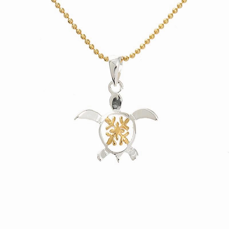 Sterling Silver Two Tone Yellow Gold Plated Quilt in Honu (Turtle) Pendant (Chain Sold Separately)