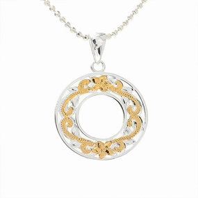 Sterling Silver Two Tone Yellow Gold Plated See Through Hawaiian Scroll Circle Pendant (Chain Sold Separately)