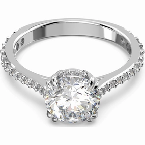 Swarovski Constella Rhodium Plated White Crystal Pave Cocktail Ring - Size 52