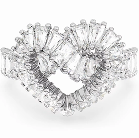 Swarovski Matrix Rhodium Plated White Crystal Heart Cocktail Ring - Size 50