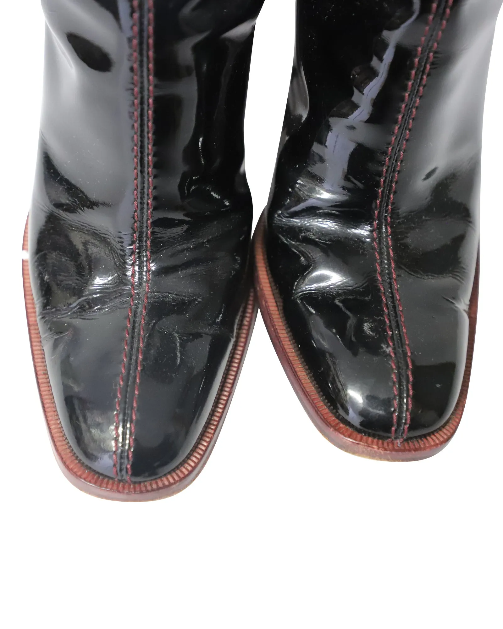 Tods Contrast Stitch Knee-High Boots in Black Patent Leather