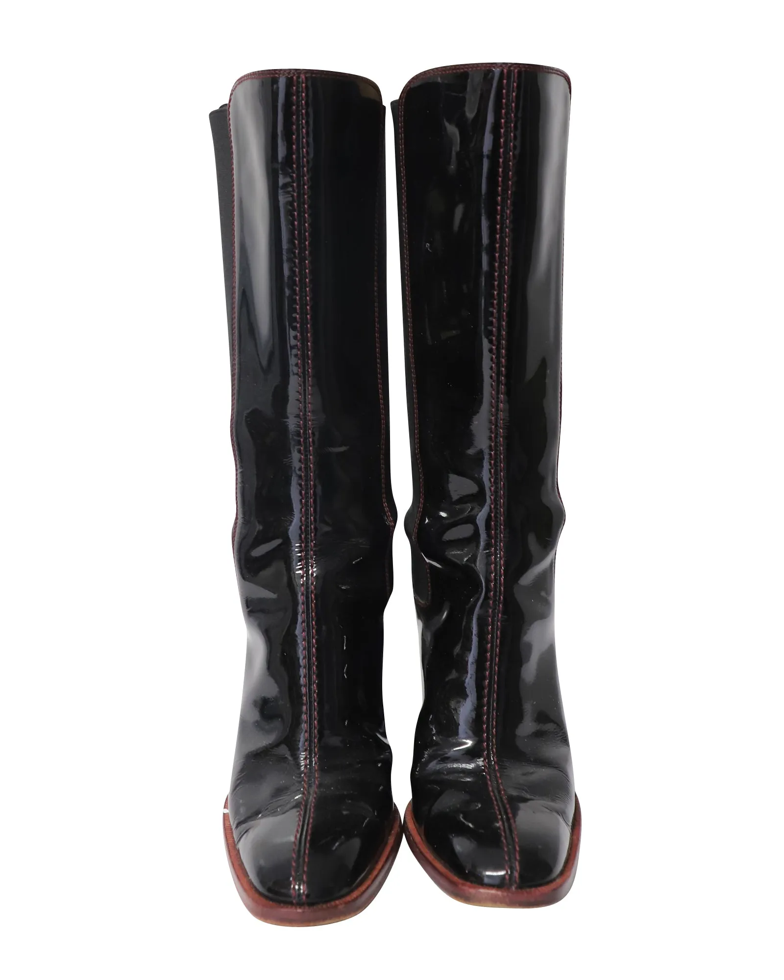 Tods Contrast Stitch Knee-High Boots in Black Patent Leather