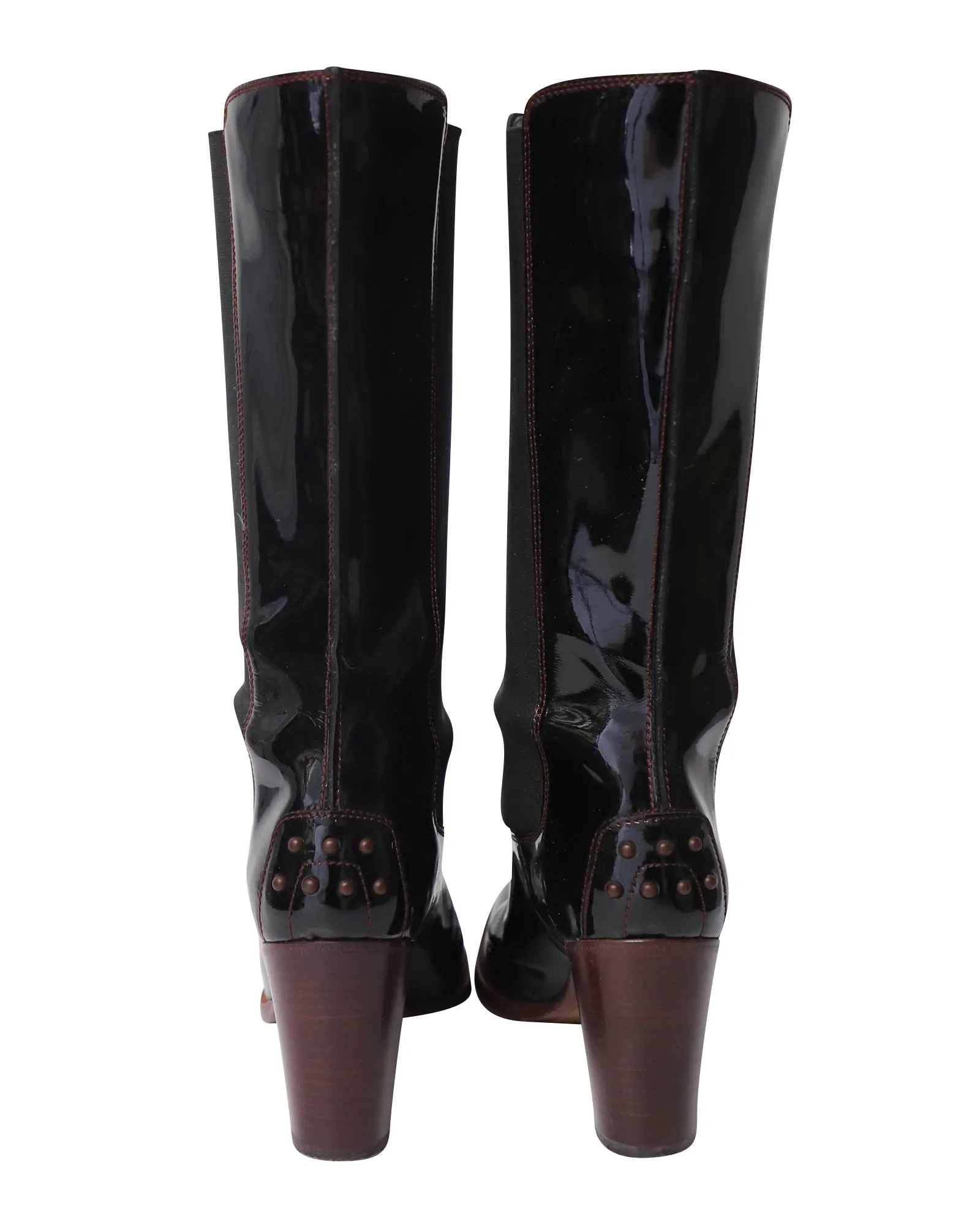 Tods Contrast Stitch Knee-High Boots in Black Patent Leather
