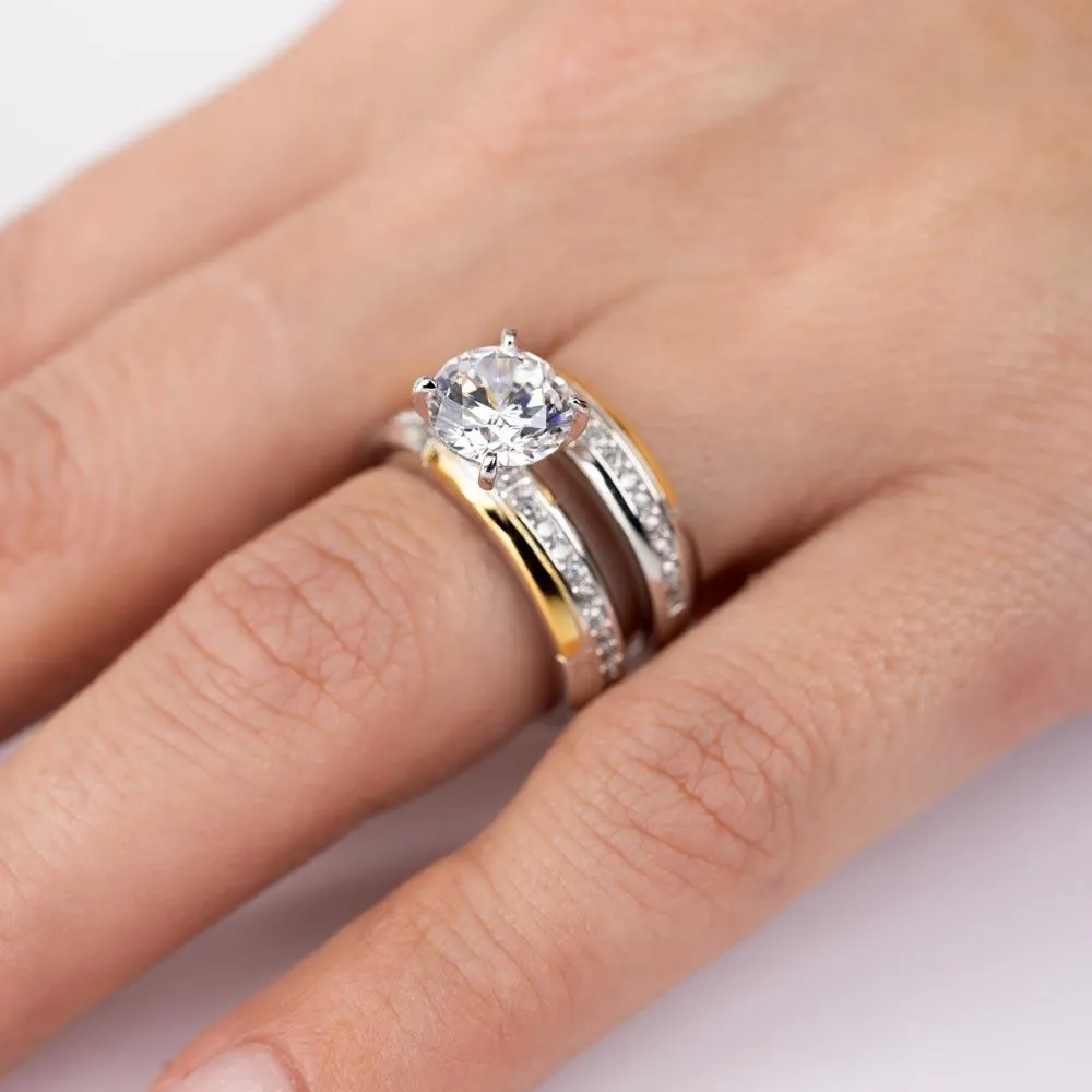 Two-Tone 925 Sterling Silver Gold and Rhodium Plated Stackable Double Rings with CZ - GMR00262RG