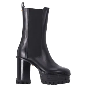 Versace Greca Labyrinth High-Heel Platform Boots in Black Calf Leather
