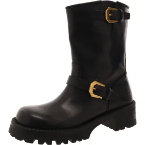 Womens Leather Mid-Calf Motorcycle Boots